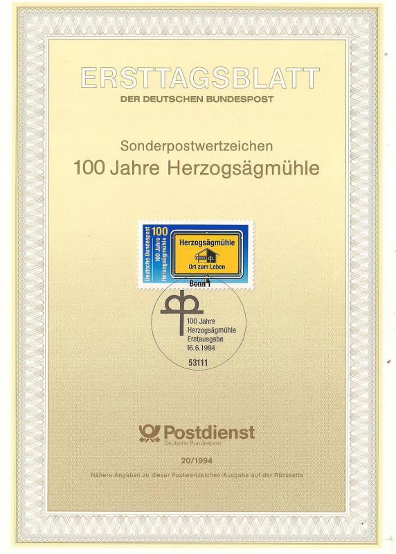 Almanya ETB 20-1994 100 yıllık değirmen Herzogsäg 1