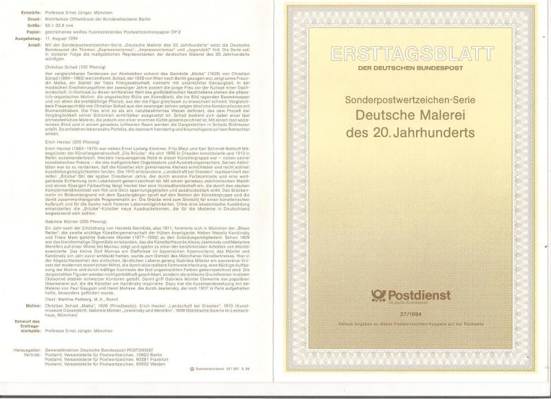 Almanya ETB 27-1994 Deutsche 20. yüzyıl Ressamlık 1