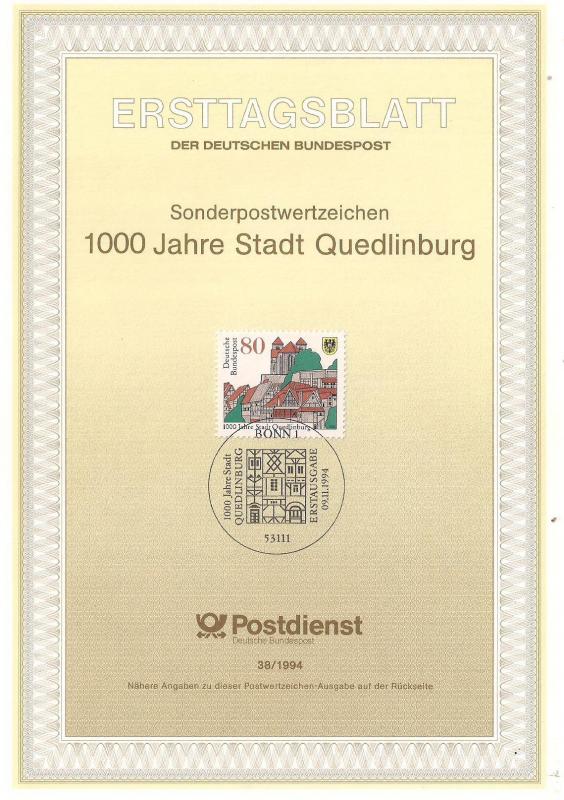 Almanya ETB 38-1994 Quedlinburg Şehri 1000 yaşında 1