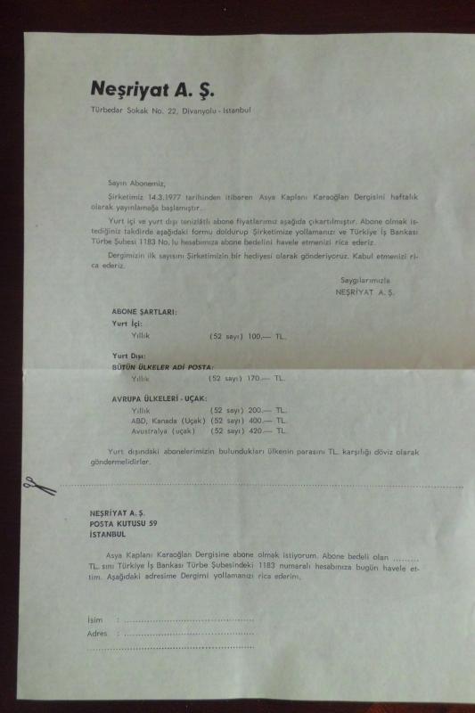 KARAOĞLAN DERGİSİ ABONMAN FORMU 1977 NEŞRİYAT A.Ş. 1