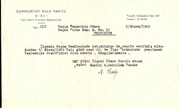 D&K- CUMHURİYET HALK PARTİSİ-ŞİŞLİ İSTANBUL 1959 1