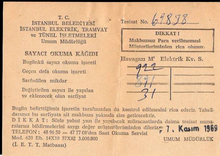 D&K- İSTANBUL BELEDİYESİ MAKBUZ 1969 1