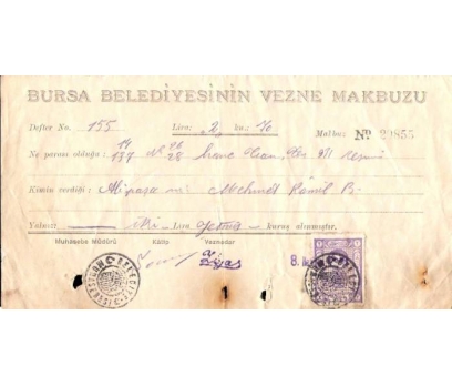 D&K- BURSA BELEDİYESİNE AİT MAKBUZ 1931