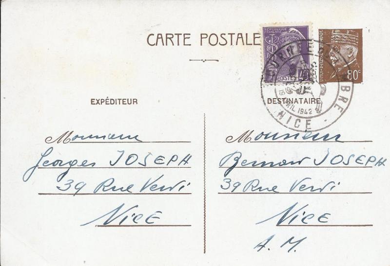 FRANSA 1942 DAMGALI  POSTA KARTI 1