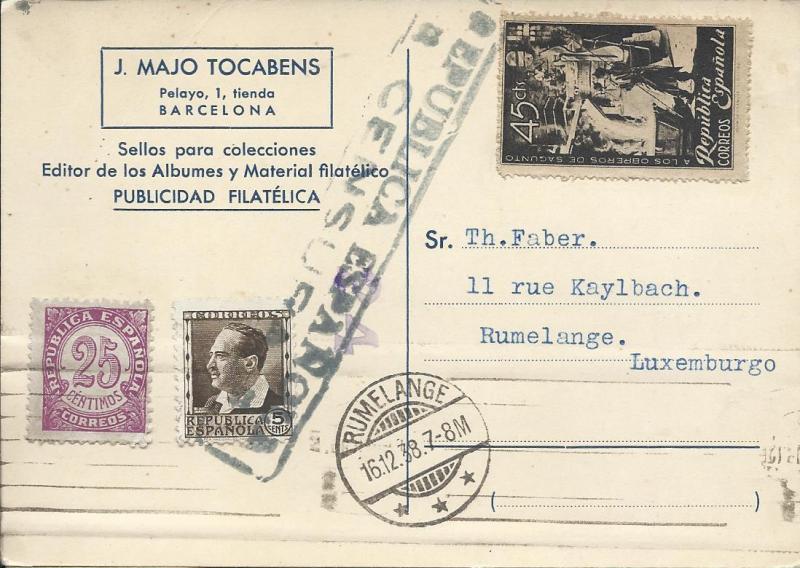 İSPANYA 1938 DAMGALI POSTA KARTI 1